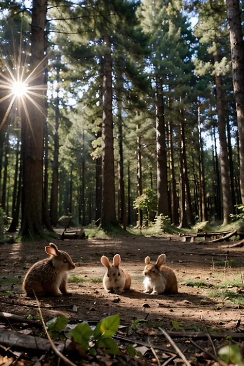 Fabulous, Sun, a forest clearing where a hedgehog and two bunnies are playing