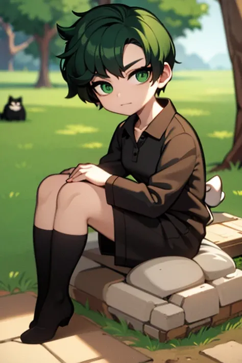 a green haired woman with green eyes and short hair is holding a black cat in the woods