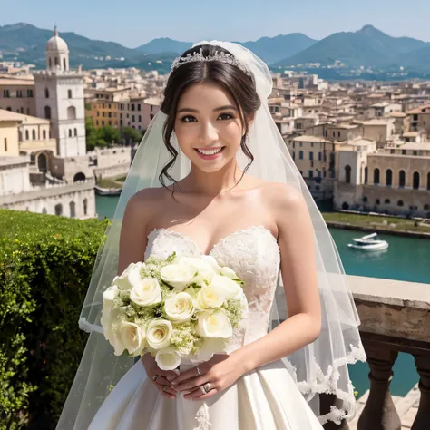 ((top-quality、masutepiece、8K、Top image quality、SFW))、(1 photo:1.3)、((Italian beauty、most luxurious wedding dresses、Wedding bouquet、wedding lace、perfect wedding lace、perfect bride、italian bride))、(Italy global tourist destinations on the background、Italian ...