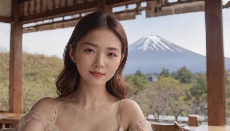 tokyo prefecture, 1人の女性 ((Upper body selfie, Happy)), European girl，Mt fuji,The background is the mountain. Fuji，On the table, Best quality at best, ultra - detailed, Alone, Outdoor activities,Shady, contrast,in Tokyo, Crystal clear sky, analogue style (Ju...