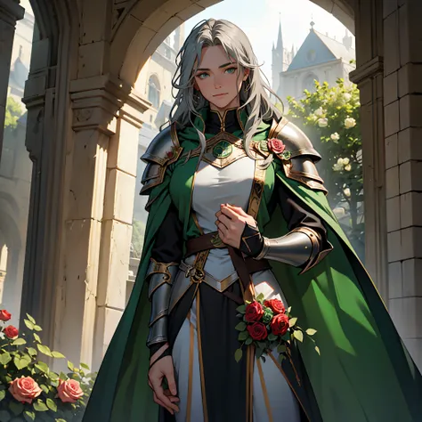 ​masterpiece, best quality, super detail 4k,loki armor and green cloak, mature female knight, long straight hair with gray hair,...