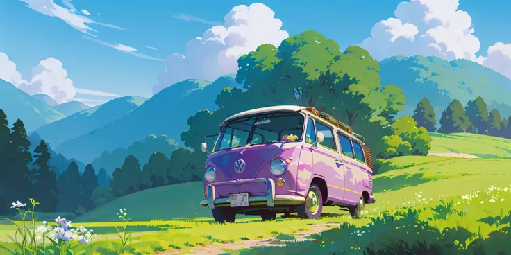 (((best quality)))), Realistic, authentic, beautiful and amazing landscape with a purple Volkswagen Kombi on the road oil painting Studio Ghibli Hayao Miyazaki pasture petals with blue sky and white clouds --v6