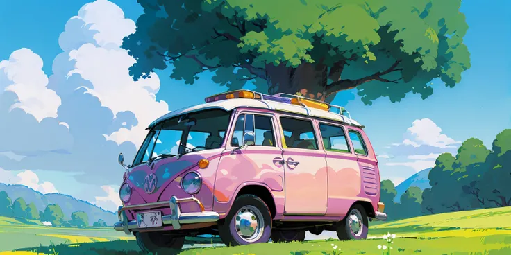 (((best quality)))), Realistic, authentic, beautiful and amazing landscape with a purple Volkswagen Kombi on the road oil painting Studio Ghibli Hayao Miyazaki pasture petals with blue sky and white clouds --v6