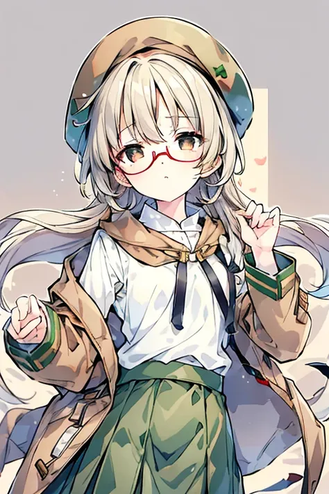 winter,Beige shirt,Glasses with thin rim,White hair,Brown eyes,Brown tie,brown skirt,dark green beret,Dark green jacket,girl with,half-closed eyes