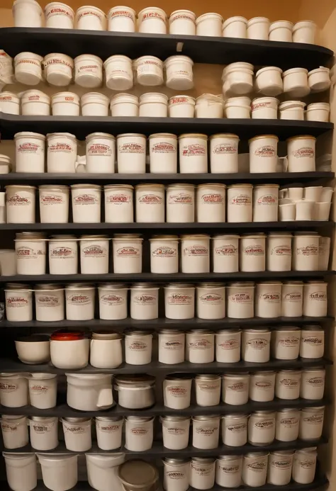 A meticulously organized display of assorted soup containers, neatly labeled and arranged in a perfectly straight line,Seinfeld TV show,The Soup Nazi’s appearance is that of a typical chef with a white chef’s uniform, but his intense, intimidating demeanor...