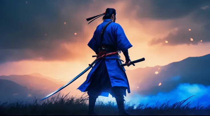 there is a samurai in a blue outfit holding a katana, badass movie 8 k, samurai warrior, ghost of miyamoto musashi, japanese samurai, inspired by miyamoto musashi, samurai style, inspired by kanō sanraku, wallpaper 4k, movie cover, wallpaper 4k, ancient ja...