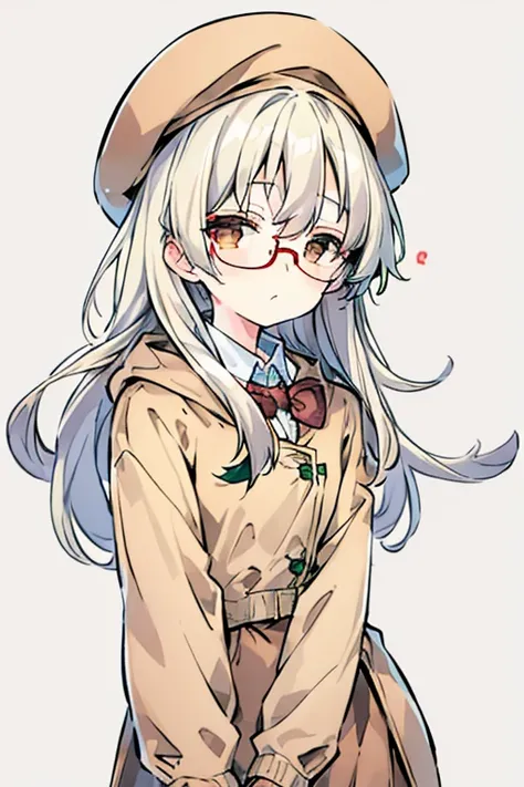 winter,Beige shirt,Glasses with thin rim,White hair,Brown eyes,Brown tie,brown skirt,dark green beret,Dark green jacket,girl with,half-closed eyes