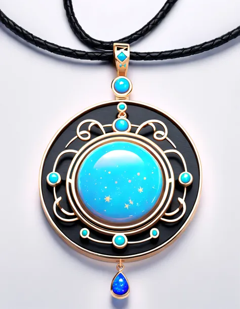 item design, (close-up of circular pendant), (with a large double opal stone in the center: 1.2), a leather rope, (constellation...