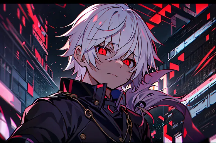 hight resolution,close range、Anime boy with white hair and red eyes staring at camera, Glowing red eyes,slim, dressed in a black outfit,Shadow Body,colorful backdrop,hair messy,yameroyandere, Diagonal angle