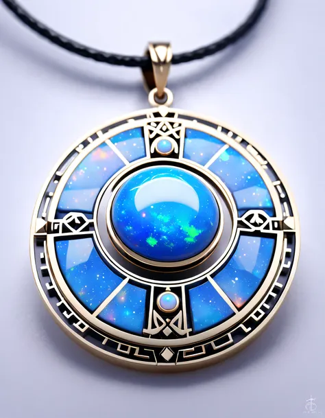 item design, (round pendant close-up), (there is a huge double opal in the center: 1.2), a leather cord, (constellation symbol n...