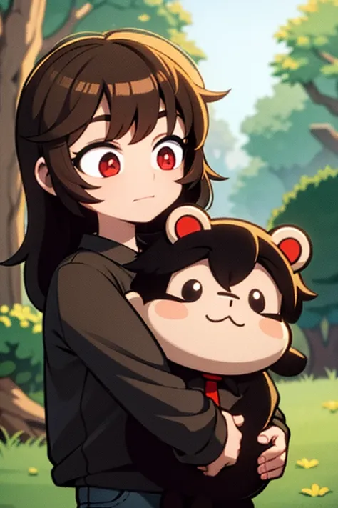 A brown haired man with red eyes is holding a black cat in the woods