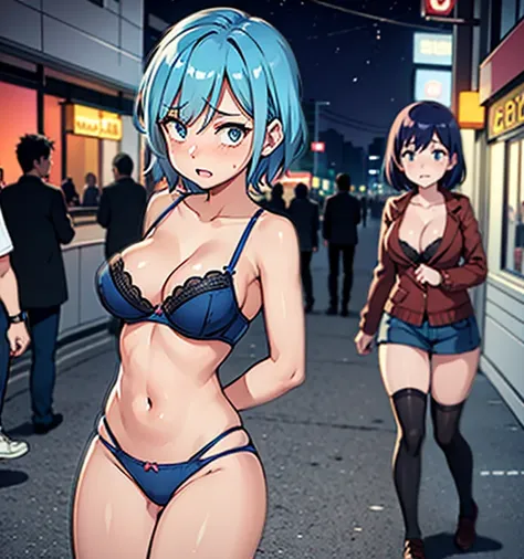 Sexy 25 year old woman, short blue hair, bra and panties, only wearing underwear, plain solid color underwear, below the knee socks, shoes, outside, walking, busy city street, nighttime, embarrassed, shy