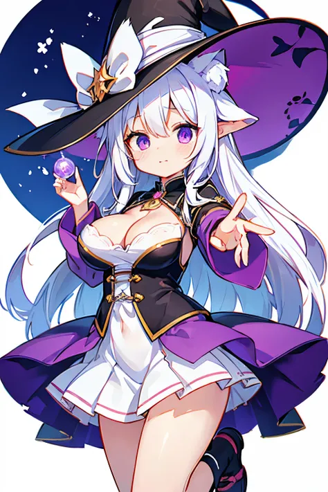 Only one girl、独奏、beautiful girl with long white hair、animesque、Cats ears、A bright erotic magic costume with a purple base that shows off your cleavage.、a short skirt、witchs hat、Colossal tits、Standing facing the front、Displays the whole body from head to to...