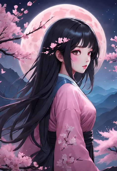 masterpiece, best quality, night, mountain, full moon, long black hair, woman, firefly, stars, mysterious cherry blossom tree, pink leaves, high quality, beautiful graphics, high detail