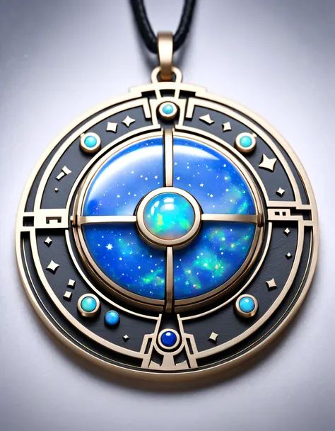 item design, (round pendant close-up), (there is a huge double opal in the center: 1.2), a leather cord, (constellation symbol：1...