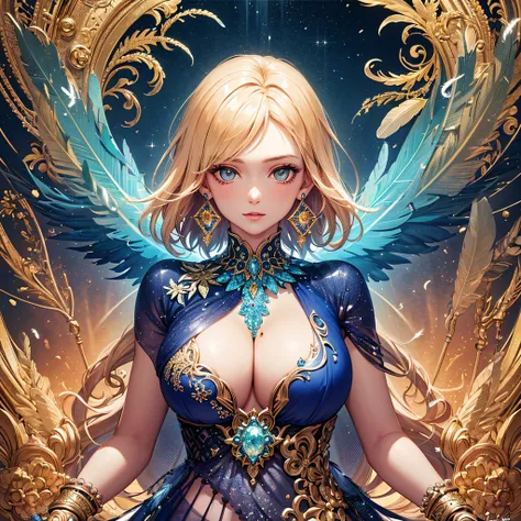 girl with，Huge breasts，off shoulders，Golden hair，Colored feathers，metal ornaments，colorful flower，Particle，Rays of Light，(masutepiece, of the highest quality, Best Quality, Official art, Beautiful and aesthetic:1.2), (1girl in:1.3), Extremely detailed,(Fra...