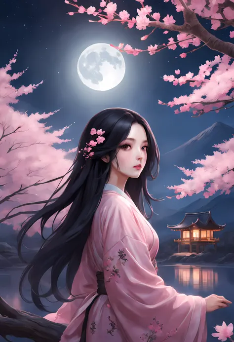 masterpiece, best quality, night, mountain, full moon, long black hair, woman, firefly, stars, mysterious cherry blossom tree, pink leaves, high quality, beautiful graphics, high detail