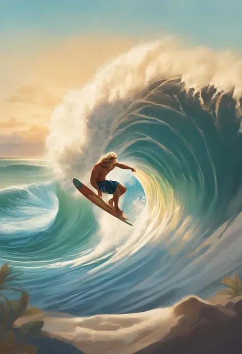 SurferBro doing a backflip off a massive wave,original,SurferBro has long blonde hair, mid twenties, tan skin, and drop dead handsome. He only wears board shorts and a puka shell necklace