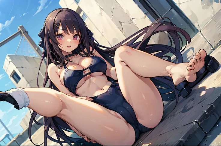 ((Best quality)), ((masterpiece)), a girl in a revealing swimsuit flying in the sky using her grav shoes, vivid, well-detailed fingers, well-detailed hand, perfect_hands, perfect, GoodHands-beta2, Furtastic_Detailer, perfect_legs, perfect_feet