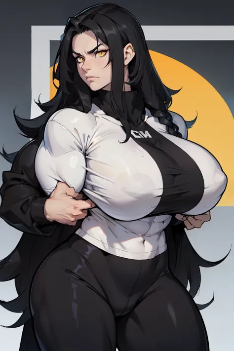 (((huge muscles))) ((huge breasts)) black hair yellow eyes pale skin tight black long sleeve t-shirt black leggings frown ((long hair))