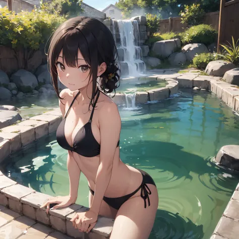 Realistic background blur that looks like it was taken with a high-performance camera.、Please provide high quality illustrations....。A beautiful girl soaking in a hot spring with a relaxed expression.、The steam rising from the bathtub is beautifully depict...