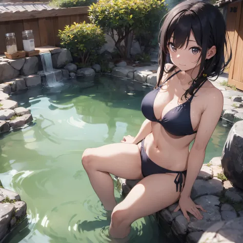 Realistic background blur that looks like it was taken with a high-performance camera.、Please provide high quality illustrations....。A beautiful girl soaking in a hot spring with a relaxed expression.、The steam rising from the bathtub is beautifully depict...