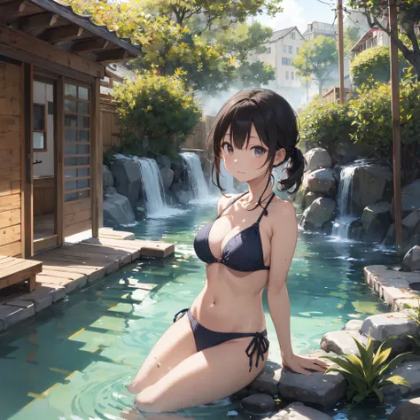 Realistic background blur that looks like it was taken with a high-performance camera.、Please provide high quality illustrations....。A beautiful girl soaking in a hot spring with a relaxed expression.、The steam rising from the bathtub is beautifully depict...