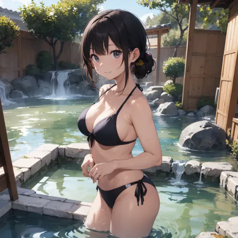 Realistic background blur that looks like it was taken with a high-performance camera.、Please provide high quality illustrations....。A beautiful girl soaking in a hot spring with a relaxed expression.、The steam rising from the bathtub is beautifully depict...