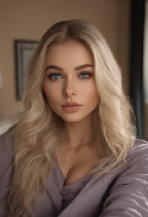 arafed woman fully , sexy girl with blue eyes, ultra realistic, meticulously detailed, portrait sophie mudd, blonde hair and large eyes, selfie of a young woman, bedroom eyes, violet myers, without makeup, natural makeup, looking directly at the camera, fa...