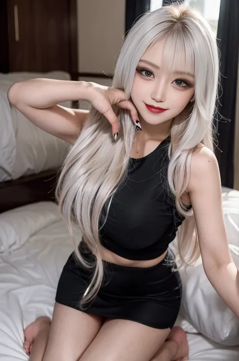 17 year old beautiful Korean, white hair, big round breasts, black tank top, short skirt, (beautiful eyes in detail, half eyes closed: 1.4, eyelashes, beautiful double eyelids), beautiful thin legs, (seductive look, quizzed look, evil smile), cowboy shot, ...