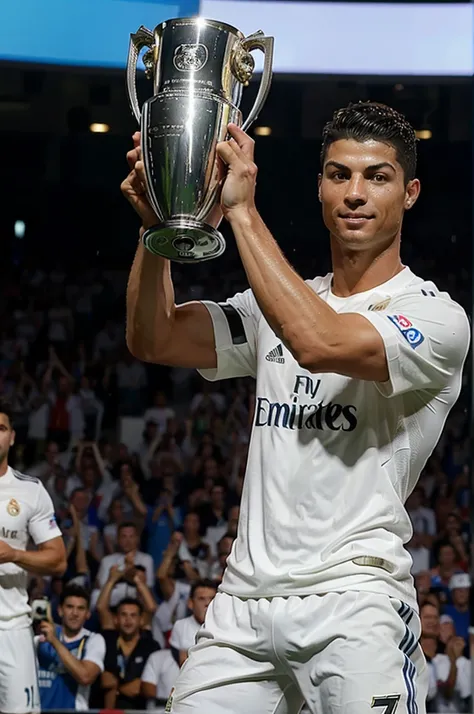 Cristiano Ronaldo in Real Madrid uniform lifting the trophy