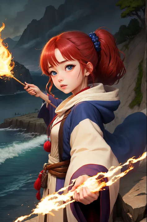 Red hair blue eye, young adult, on a cliff, in a wizard robe, casting a spell, with anime girls, spirited away style