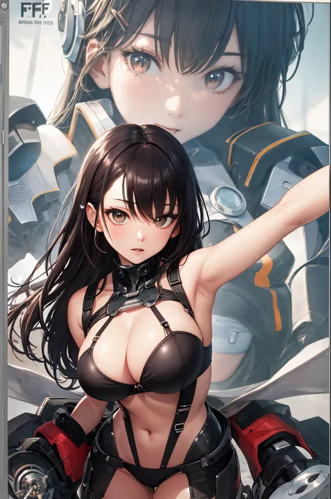 ​masterpiece、Top image quality、Black hair、Black bra、Colossal tits、mechs、animesque、8K,​masterpiece, bset quality,Colossal tits、（1girl in）、((Pit Girl Suit))、shinny skin、Shiny big、dark-brown eyes、 ((top-quality))、 Crisp focus:1.2、Highly detailed facial and sk...