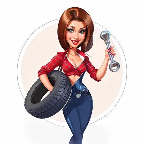 cartoon woman holding a wren and a tire, Cartoon style illustration, arte dos desenhos animados, Mechanicalgirl, estilo caricatura, in cartoon style, professional illustration, estilo de arte dos desenhos animados, Directed by: Viktor Oliva, color digital ...