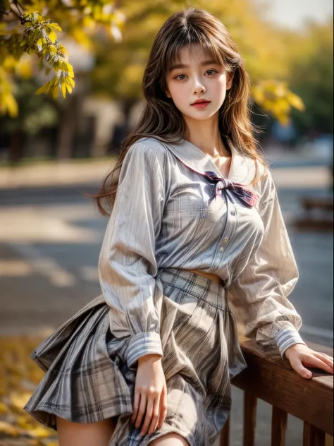 ​masterpiece、8K、32K、top-quality、(A detailed eye)、(A cute Japanese woman、bangss)、23years old、1 girl in、elegent、(Detailed background depiction、portlate:1.2)、(sailor shirt、plaid bustle skirt)、(yellow fallen leaves:1.1)、cowboy  shot、ssmile