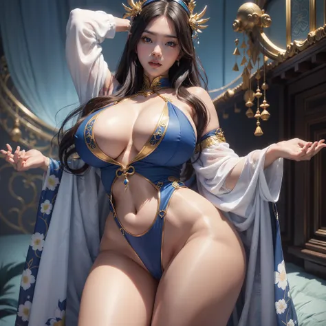 Asian woman posing for photo in blue and white dress, giant stunning goddess shot, Busty, the breasts are large, really large bust, sfv, Sexy dress,, oppai, With large breasts, Big breasts!, Covered SF, powerful and huge, Big breasts!!, Japanese goddess，Ex...