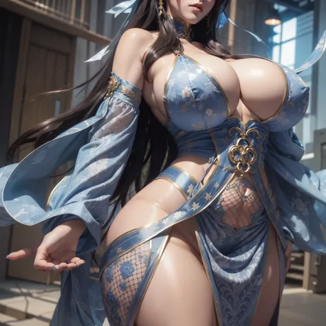 Asian woman posing for photo in blue and white dress, giant stunning goddess shot, Busty, the breasts are large, really large bust, sfv, Sexy dress,, oppai, With large breasts, Big breasts!, Covered SF, powerful and huge, Big breasts!!, Japanese goddess，Ex...