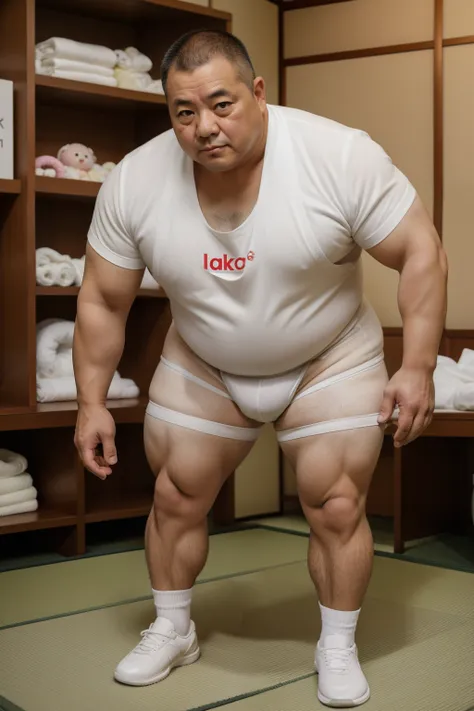 A thick man is 50yo in japan, He stand and slouching look down, Bowleg, dwarfism, Wearing a White Thick Diaper, Pampers, Pacifier and bib, Bare legs, crew cut, tearful, sobbing, from side, playroom, a picture, high detail photo, masterpiece