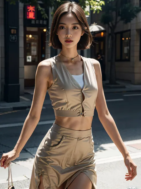 ((smallunderboob,Tomboyish,small heads)), (Well-defined abs: 1.1), (perfect bodies: 1.1), (short-length straighthair: 1.2), Black hair, collars, chain, fully body photo, crowding street, Wearing a gray vest，White cardigan，Long beige skirt slit skirt，（极其细致的...