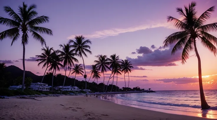 1990s, purple sky, beach, palm tree