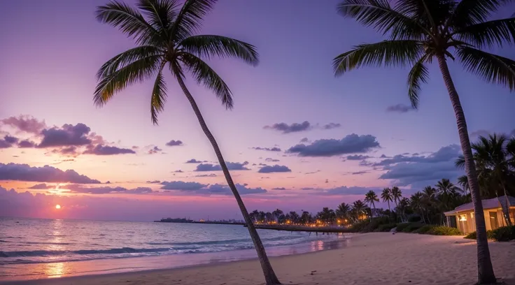 1990s, purple sky, beach, palm tree