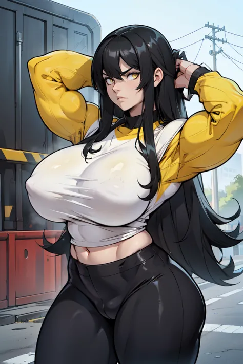 girl (((huge muscles huge breasts))) black hair yellow eyes pale skin tight black long sleeve t-shirt black leggings frown long hair