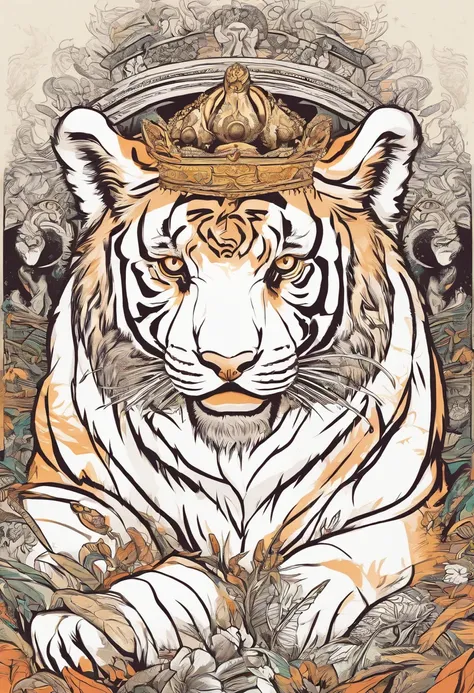 White Tiger with crown, Indonesian Monster and culture, poster, streat wear design, 1990 vibe, HD texture, Javanese Culture, Balis Culture, plain background