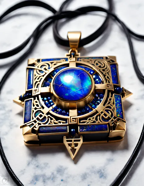 Item design, (Square pendant close-up), (There is a huge double opal in the center: 1.2), a leather cord, (Constellation symbol：1.2), （Black gold border:1.1）, (lapis lazuli), (turquesa)，Complex structure, geometric shapes, 3Drenderingof, ,number art, jewel...