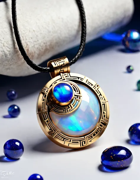 Item design, (Close-up of a pendant with a round outside and a square inside), (There is a huge double opal in the center: 1.2), a leather cord, (Constellation symbol：1.2), (Constellation symbol：1.2), （Black gold border:1.1）, (lapis lazuli), (turquesa)，Com...