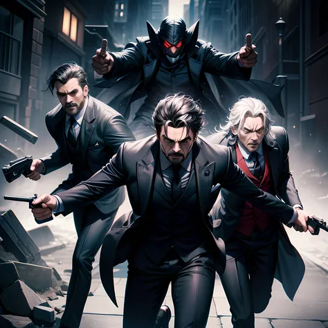 three villain thugs, in suits, knives and guns in hand, running extremely fast, angry dark black night, no weird hands and fingers.