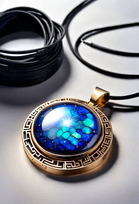 Item design, (Close-up of a constellation pendant with a circle on the outside and a square on the inside), (There is a huge double opal in the center: 1.2), a leather cord, (Constellation symbol：1.2), （Black gold border:1.1）, (lapis lazuli), (turquesa)，Co...