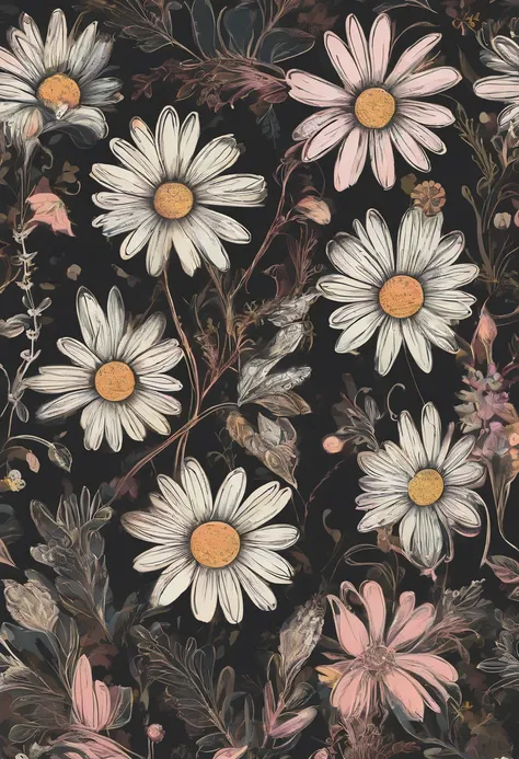 Daisy flowers, pastel colour, Solid line, Wallpaper style, Deep dark background