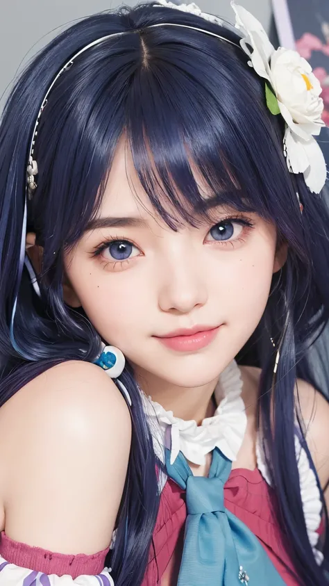 A girl with realistic long purple and blue hair, (same realistic hairstyle), realistic pretty+cute face, realistic smile expression, adapt equally realistic clothes,this character name is Ai hoshino, realistic light, realistic shadow, realistic background,...