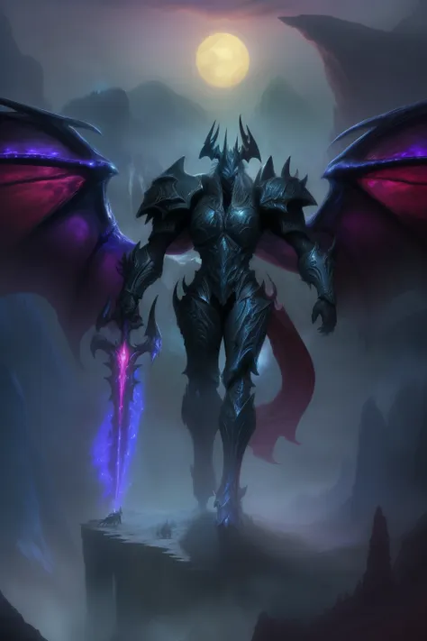 highly detailed, high quality, masterpiece, beautiful, aatrox, wings, glowing eyes, 1boy, solo, full body ,huge sword, blue armo...